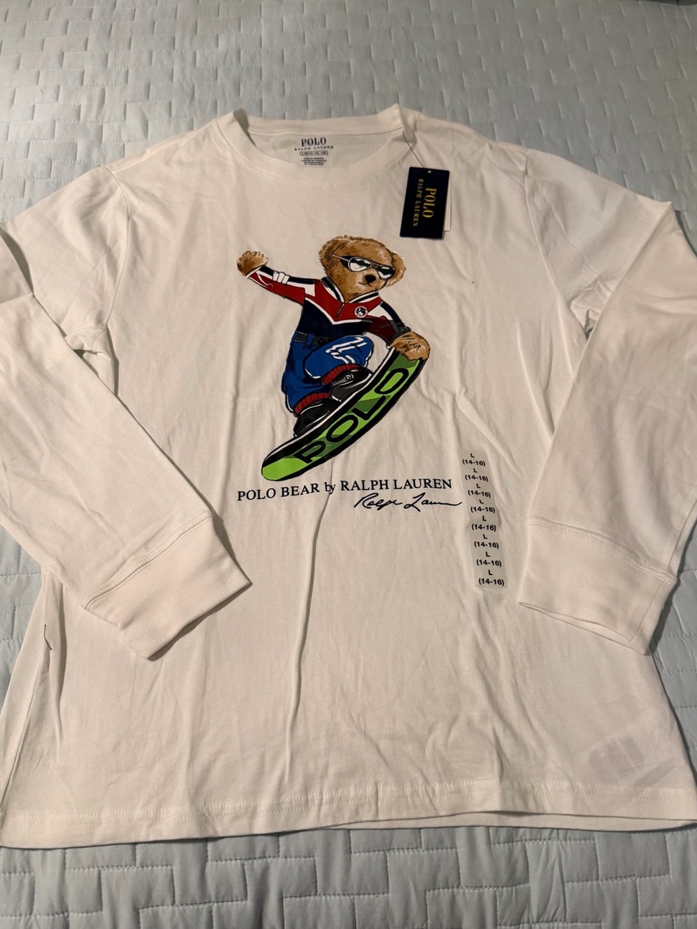 Polo by Ralph Lauren White Long-Sleeve Tee with Polo Bear Skateboard Graphic- 14
